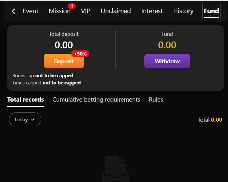 TD1947 Fund screen with Deposit, Withdraw, records and rules