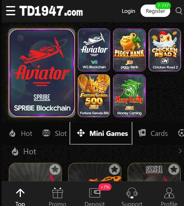 TD1947 lobby showing Aviator, Piggy Bank and Chicken Road 2 game tiles