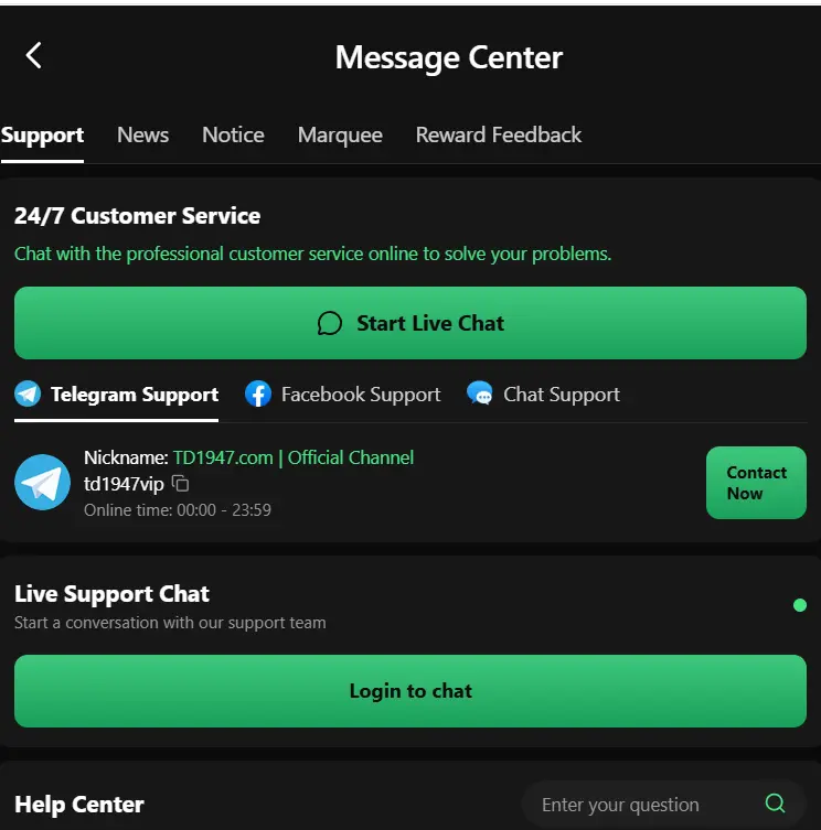 TD1947 Message Center with live chat and support tabs