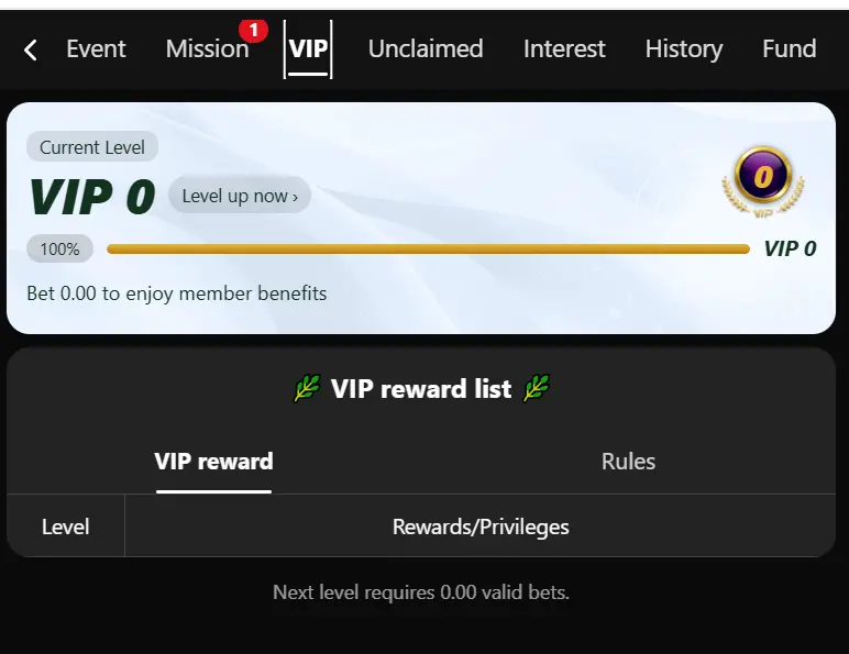 TD1947 VIP 0 screen with reward list and Rules tab